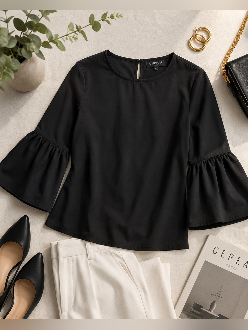 GibsonLook Black Bell Sleeve Blouse Small Minimalist Quiet Luxury Chic Top